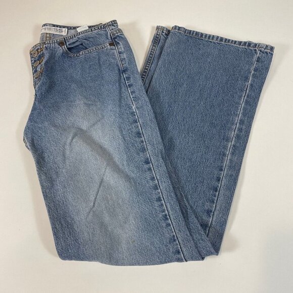 Express Womens Precision Fit Hipster Flare Denim Jeans Blue 1/2 Long Button Y2K - Picture 1 of 10